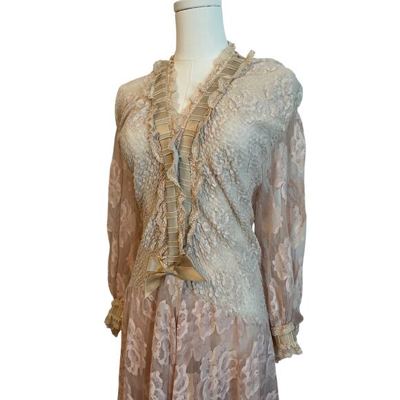 VTG. Victorian Princess Robe Womens M Lace Plunge Chiffon Coquette Fairy Renni - Picture 2 of 11